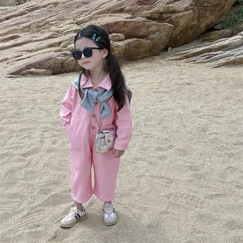 2024 Primăvară coreene Noi, Copiii Poartă Fată la Modă și la Modă Roz Blugi Copii Trunchiate Pantaloni Salopeta cu Mâneci Lungi