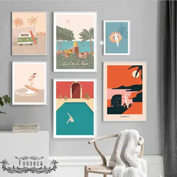 Anime Surfing, Înot Poster franceză Biarritz Plaja Vacanta de Vara Palmier Printuri Panza Pictura Decor de Perete pentru Interior