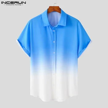Barbati Tricou Tie Dye Gradient de Rever Maneca Scurta Moda Streetwear Casual Camisas 2023 Vacanta de Vara de Agrement Tricouri Barbati INCERUN