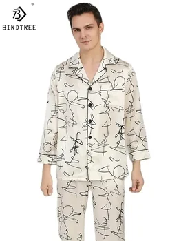 Birdtree 19MM 100%Mătase de Dud Seturi de Pijamale Barbati Homewear de sex Masculin Casual Imprimare Body Gâfâi 2Piece Costum Sleepwear S3N844QM