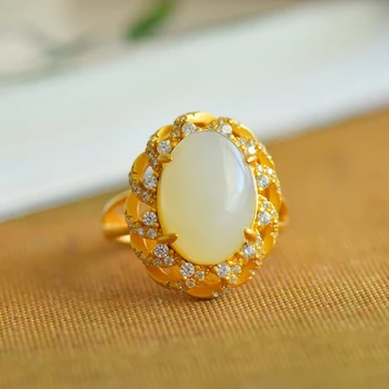 Clasic și elegant, inele pentru femei naturale Hotan jad alb floare de cristal inel de logodnă de aur Vechi meserii de Bijuterii cadou