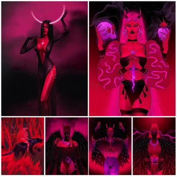 Cochet Roșu De Sex Feminin Diavolul Vintage De Perete De Arta Panza Pictura Sexy Vrăjitoare Și Diavoliței Artei Gotice Poster Print Decor Acasă Neînrămate