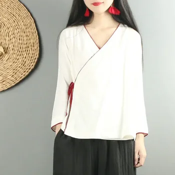 Culoare solidă Stil Chinezesc Retro Hanfu Cardigan Vrac Haine pentru Femei Bluza Literare și Lenjerie de Bumbac Tricou Pantaloni Largi Picior