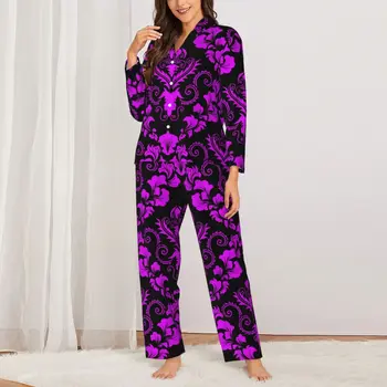 Damasc Imprimare Pijamale Femei Violet-Negru Drăguț Somn Pijamale De Primăvară 2 Piese Retro Supradimensionate Model De Pijama Set