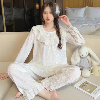 Dantela Feminino-Coreean De Catifea Pentru Femei Cald Lung Îngroșa Pijamale Sleepwear Set Haine De Toamna Acasa Pijama De Aur De Iarnă Cu Mâneci Lungi