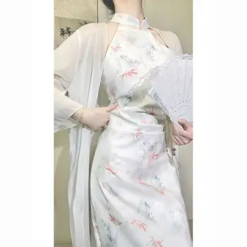 Elegant cheongsam alb fără mâneci imprimare agățat de gât cu margele de fantă Chineză stil de sex feminin primavara toamna de zi cu zi banchet rochie qipao