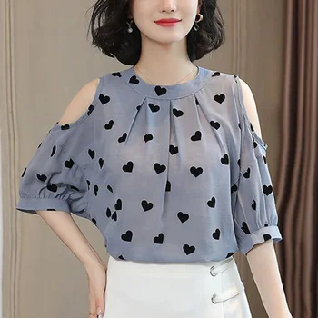 Elegant, O-Neck Imprimate Falduri de Pe Umăr Bluza Femei de Îmbrăcăminte 2023 Vara Noi Pulovere Casual Office Lady Șifon Cămașă
