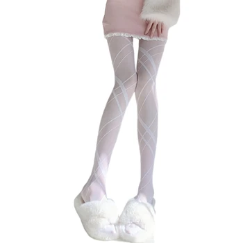 Femeile Estetice Dresuri cu Model Traversat Romb Tipărite Ciorapi Chilot M6CD