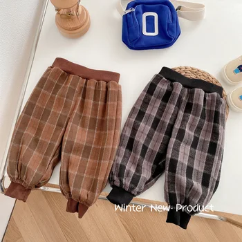 Imbracaminte Copii Carouri Pantaloni Fleece 2023 Iarna Băiat Stil Coreean Îngroșat Cald Casual La Modă Casual Simple Copii Pantaloni