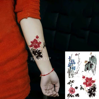 Impermeabil Tatuaj Temporar Autocolant Bujor Floare de Lotus Cerneală Chineză-Elementul apa Fals Tatuaj Flash Tatuaj de Arta pentru Femei Barbati fata