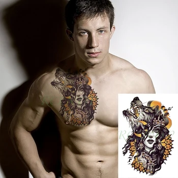 Impermeabil Tatuaj Temporar Autocolant Răcnește Wolf Moon Sexy Fete Păr Lung Totem Fals Tatuaj Flash Tatuaj pentru Barbati Femei