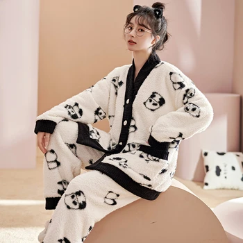 Kawaii Panda Imprimare Femei Seturi de Pijamale Cald Îngroșa Sleepwear Corali Moi de Catifea Pijama pour Femme pentru Femei Homewear Pijamas