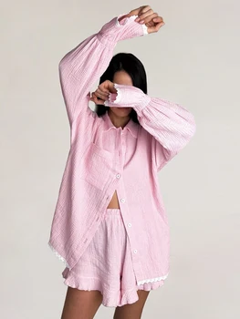 Marthaqiqi Bumbac femeii Sleepwear Set Maneca Lunga, Pijamale Guler de Turn-Down Pijamale cu pantaloni Scurți Casual Doamnelor camasuta de noapte 2 Bucata Costum