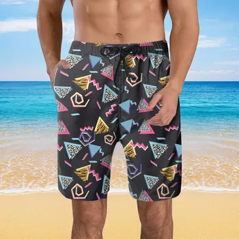 Mens 90 Retro pantaloni Scurti de Tineret Elegant Curcubeu de Imprimare Geometrice Pantaloni scurți Genunchi Trunchiuri de Vacanță Vacanță de Călătorie de Plajă, Costume de baie