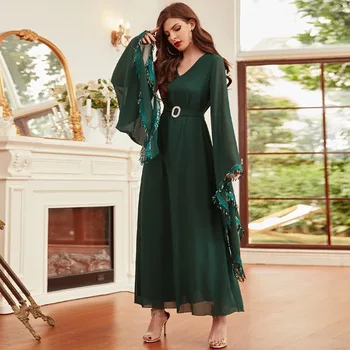 Noua Femeie Musulmană Abaya de culoare Verde Închis de Înaltă densitate Sifon Franjuri Elegante Rochie cu mâneci Lungi Rochie Musulman Dubai Abayas pentru Femei