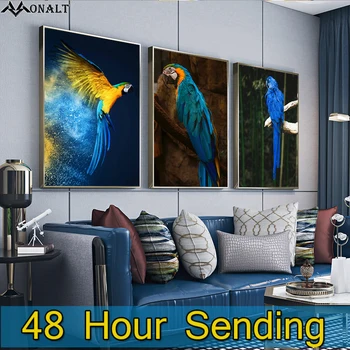 Panza Decorativas Picturi în Ulei Aur Albastru Papagal Poster și Printuri Living arta de Perete Imagine Animal Pasăre pictură Modernă