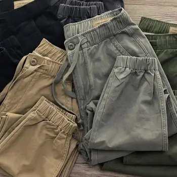 Trendy Rulează Pantaloni cu mai Multe Buzunare Murdare rezistente la Design Unic Culoare Solidă Cordon Pantaloni Casual Barbati