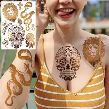 Unic Craniu Leu Tatuaje Temporare Pentru Femei Adulți Realist Șarpe Fals Mandala Cu Flori Autocolant Tatuaj Aur Lavabil Corp Tatuaj