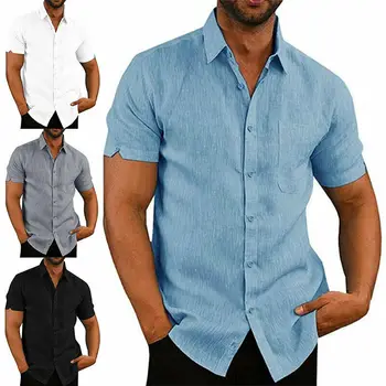 Vara Casual Lenjerie de pat din Bumbac Barbati Slim Shirt V-neck Maneca Lunga Liber Tricouri Culoare Solidă Street Wear Bluza Topuri